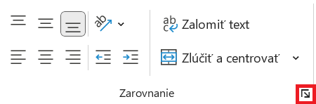 Otvorenie ponuky Zarovnanie z karty Domov - Základy Microsoft Excel