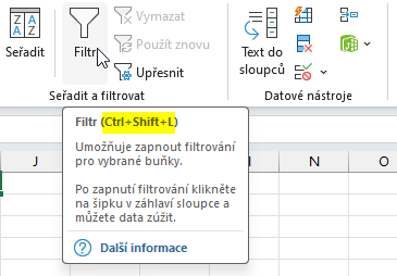Tlačidlo Filter s tooltipom, kde je vidieť klávesová skratka Ctrl + Shift + L - Microsoft Excel pre pokročilých - Microsoft Excel pre pokročilých