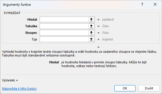 Dialóg funkcie SVYHLEDAT – argumenty funkcie - Microsoft Office