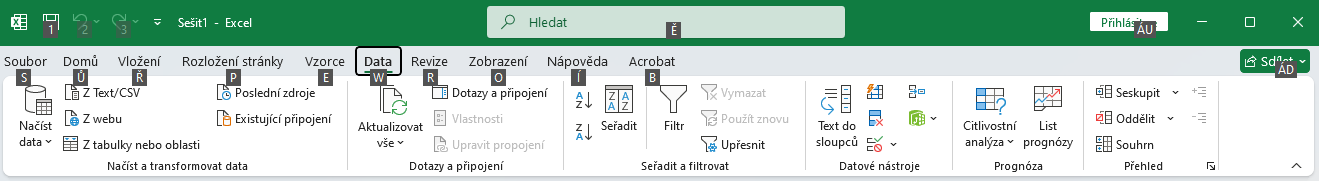 Karta Dáta s aktívnymi značkami po stlačení Alt - Microsoft Excel pre pokročilých - Microsoft Excel pre pokročilých