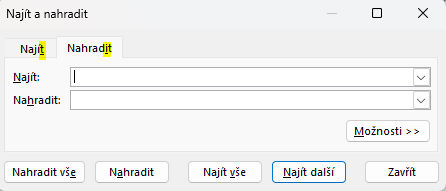 Dialógové okno Nájsť a nahradiť s podčiarknutými písmenami pri volbách  - Microsoft Excel pre pokročilých - Microsoft Excel pre pokročilých