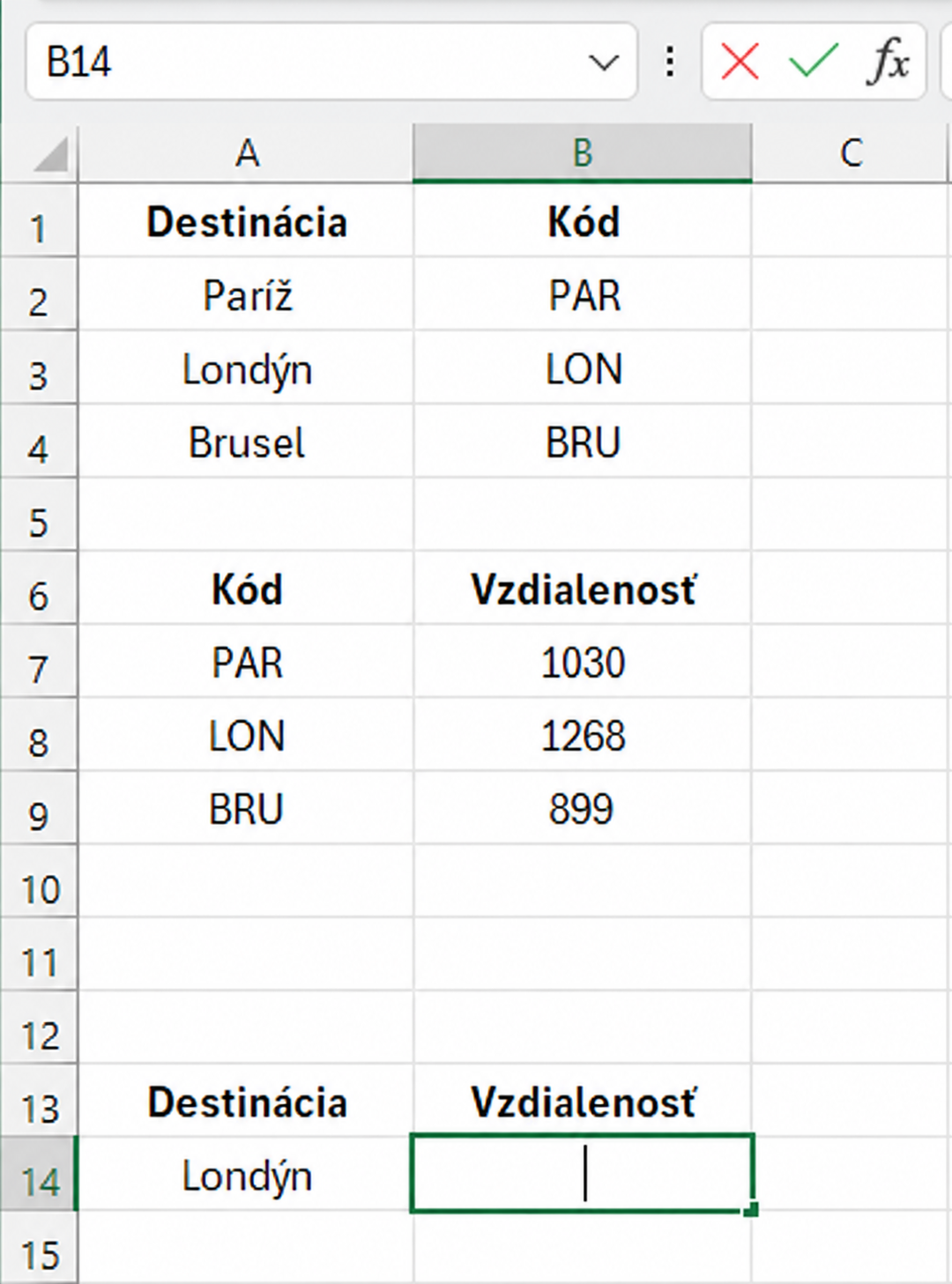 Vnorené vyhľadávanie medzi dvoma tabuľkami – destinácie, kódy a vzdialenosti - Microsoft Excel pre pokročilých