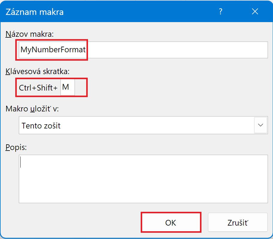 Dialóg na vytvorenie nového makra s vyplneným názvom a skratkou - Microsoft Excel pre pokročilých