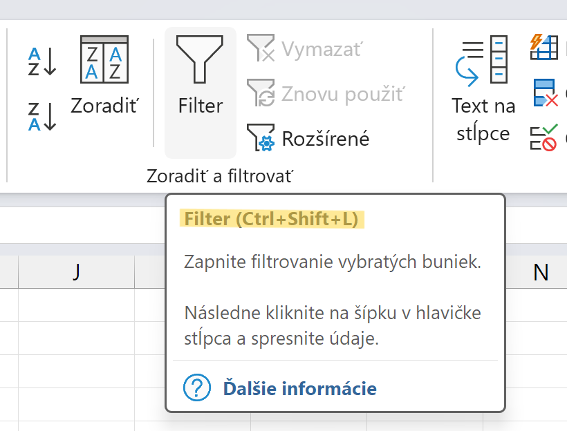 Tlačidlo Filter s popisom, v ktorom je vidieť klávesovú skratku Ctrl + Shift + L - Microsoft Excel pre pokročilých