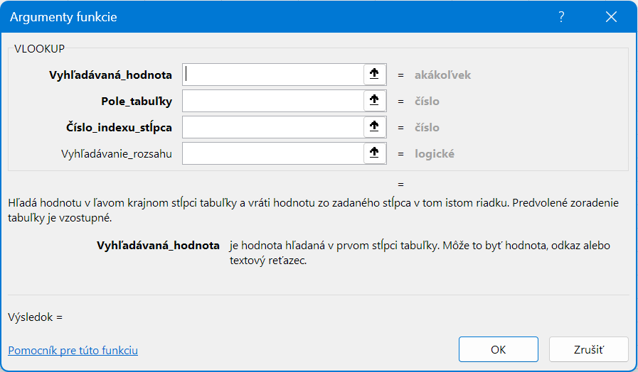 Dialóg funkcie VLOOKUP – argumenty funkcie - Microsoft Office