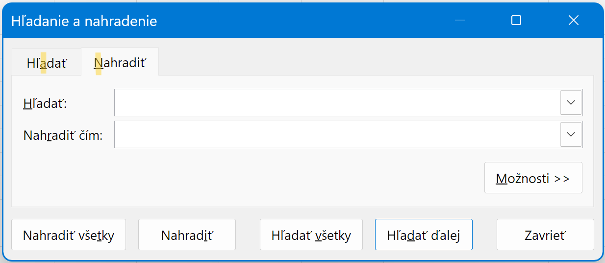Dialógové okno Nájsť a nahradiť s podčiarknutými písmenami pri voľbách - Microsoft Excel pre pokročilých