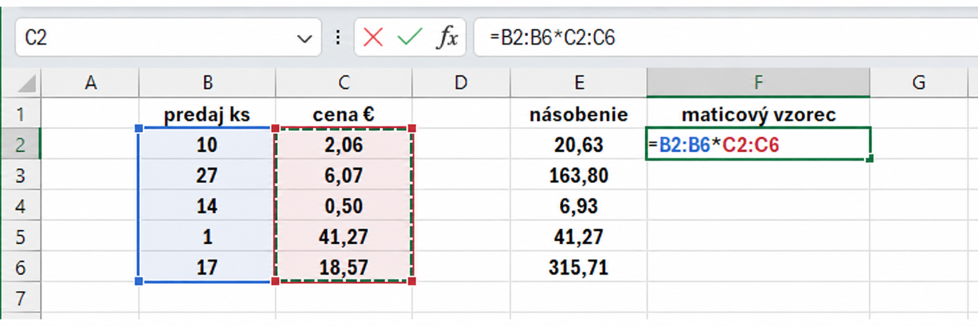 Zadanie maticového výpočtu súčinu dvoch stĺpcov - Microsoft Office