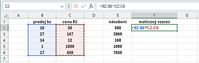 Zadanie maticového výpočtu súčinu dvoch stĺpcov - Microsoft Office