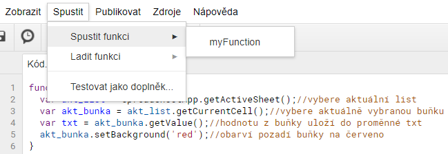 Ručné spustenie funkcie v editore skriptov. - Google API