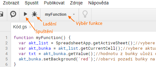 Ručné spustenie funkcie v editore skriptov. - Google API
