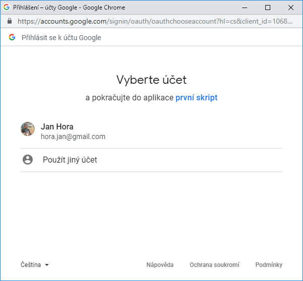 Výber účtu pri autorizácii skriptu. - Google API
