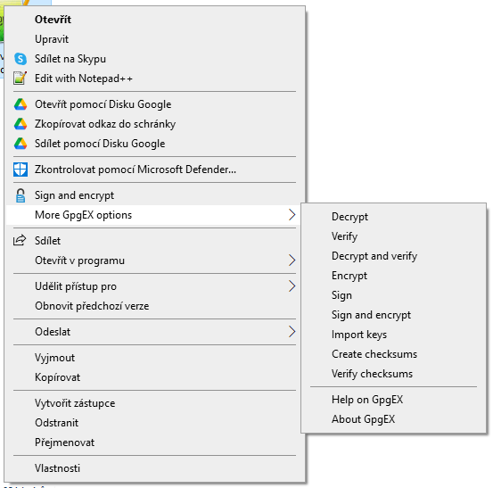 Kontextové menu Windows s otvorenou ponukou More GpgEx options