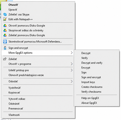 Kontextové menu Windows s otvorenou ponukou More GpgEx options