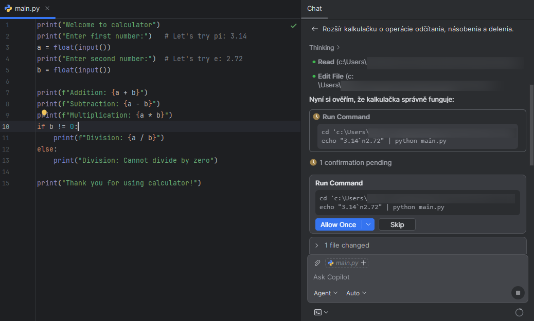 Rozšírenie kalkulačky pomocou GitHub Copilota - Základné konštrukcie jazyka Python