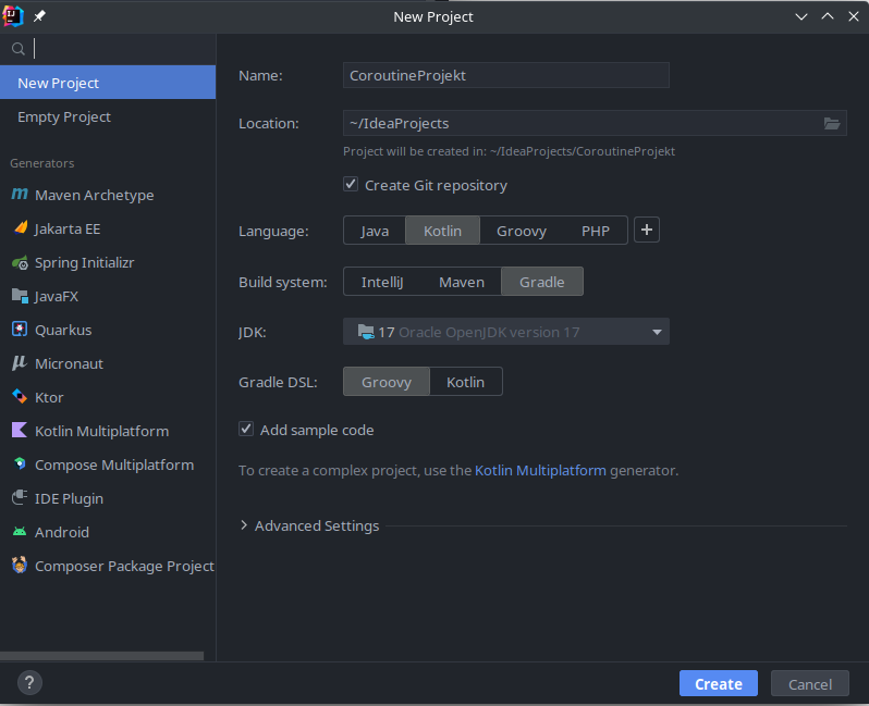 založenie nového projektu - Coroutines v Kotline