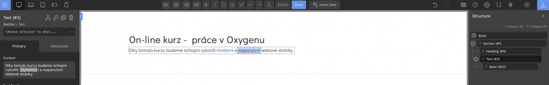 práca so span - Oxygen Builder