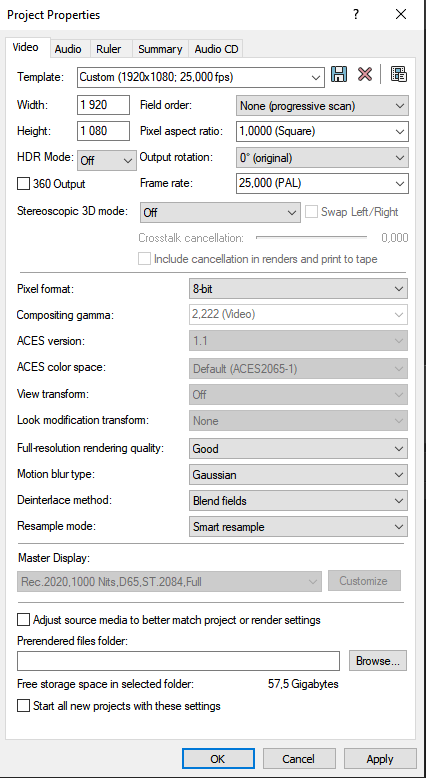 nastavenie projektu - Úprava videa vo Vegas