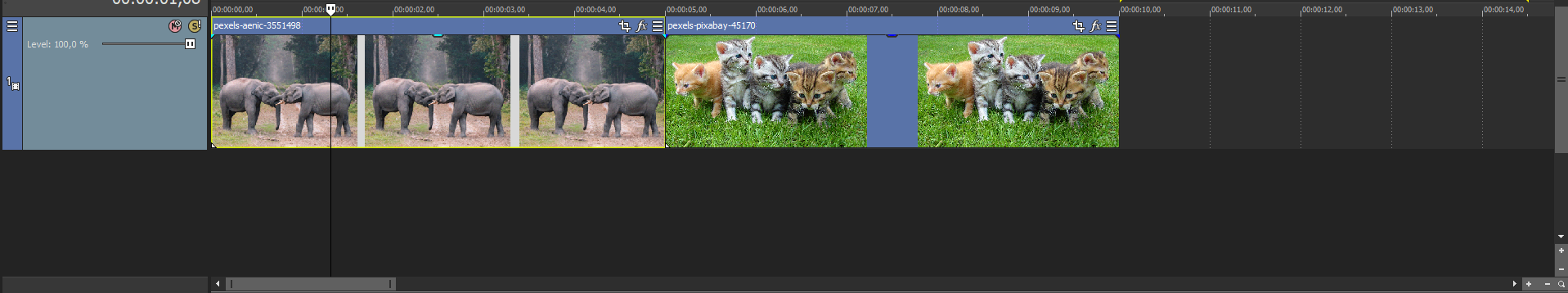 Teraz vyzerá Timeline takto - Úprava videa vo Vegas