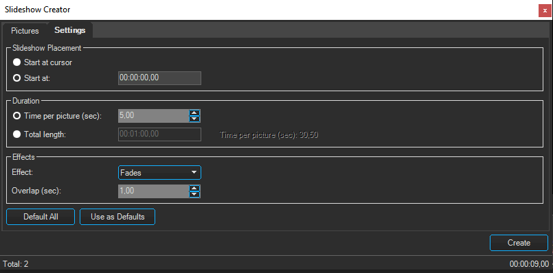 nastavenie Slideshow - Úprava videa vo Vegas