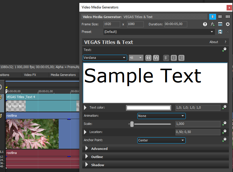 OknoTextGenerators - Úprava videa vo Vegas