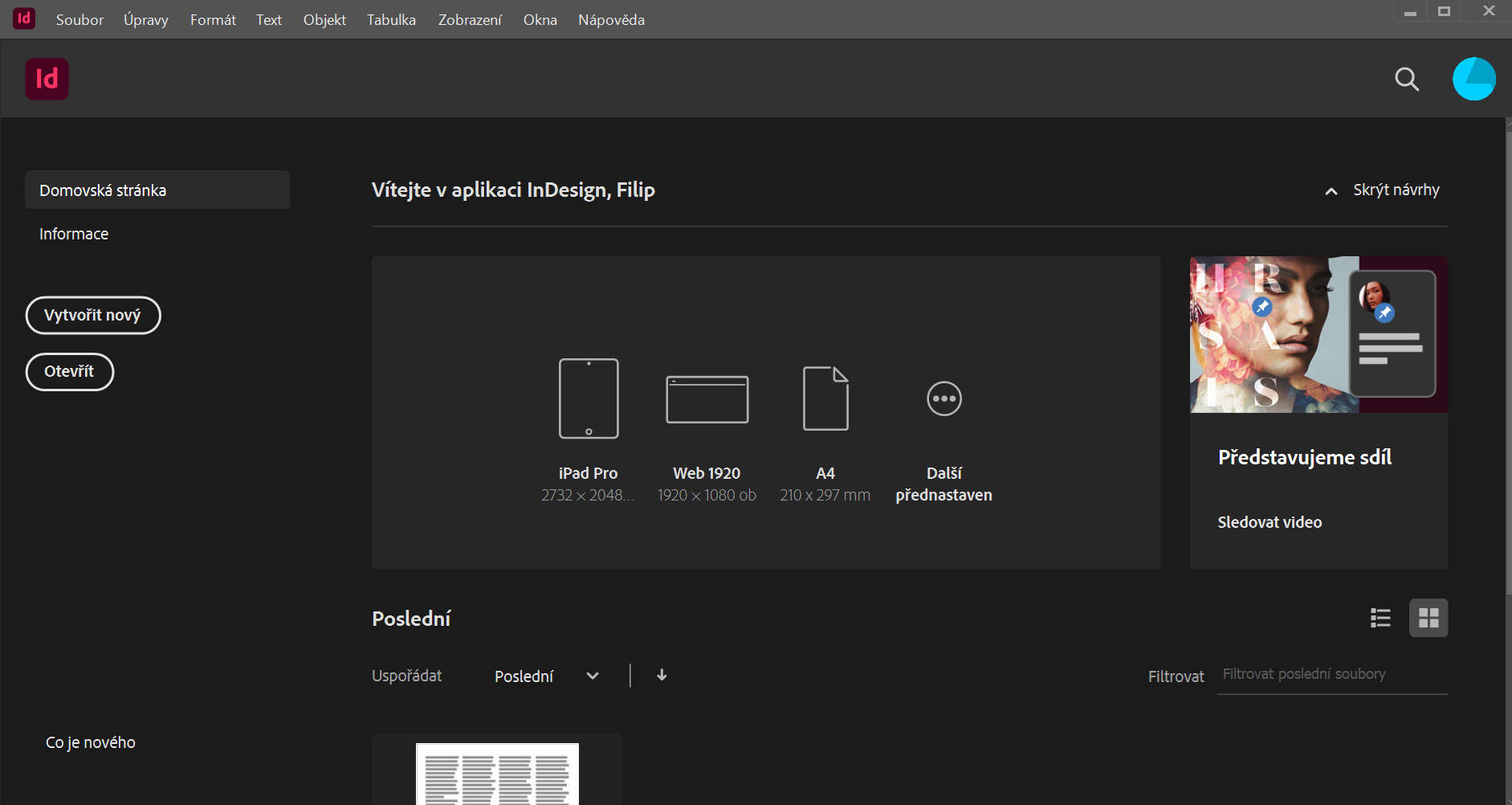 Prvé spustenie - Adobe InDesign