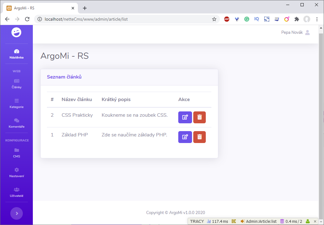 Pohľad na administračné rozhranie - Jednoduchý redakčný systém v Nette