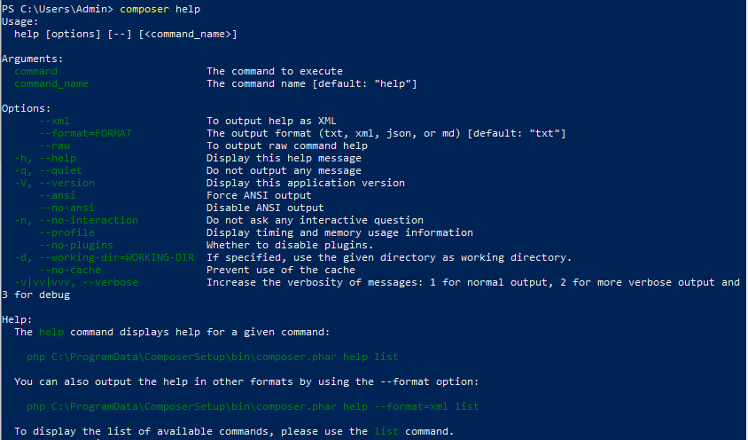 Po zadaní príkazu composer help, nám Composer vypíše nápovedu. - Jednoduchý redakčný systém v Nette