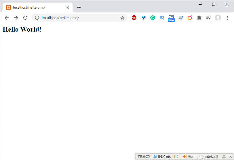 Hello World na úvodnej stránke našej aplikácie - Jednoduchý redakčný systém v Nette