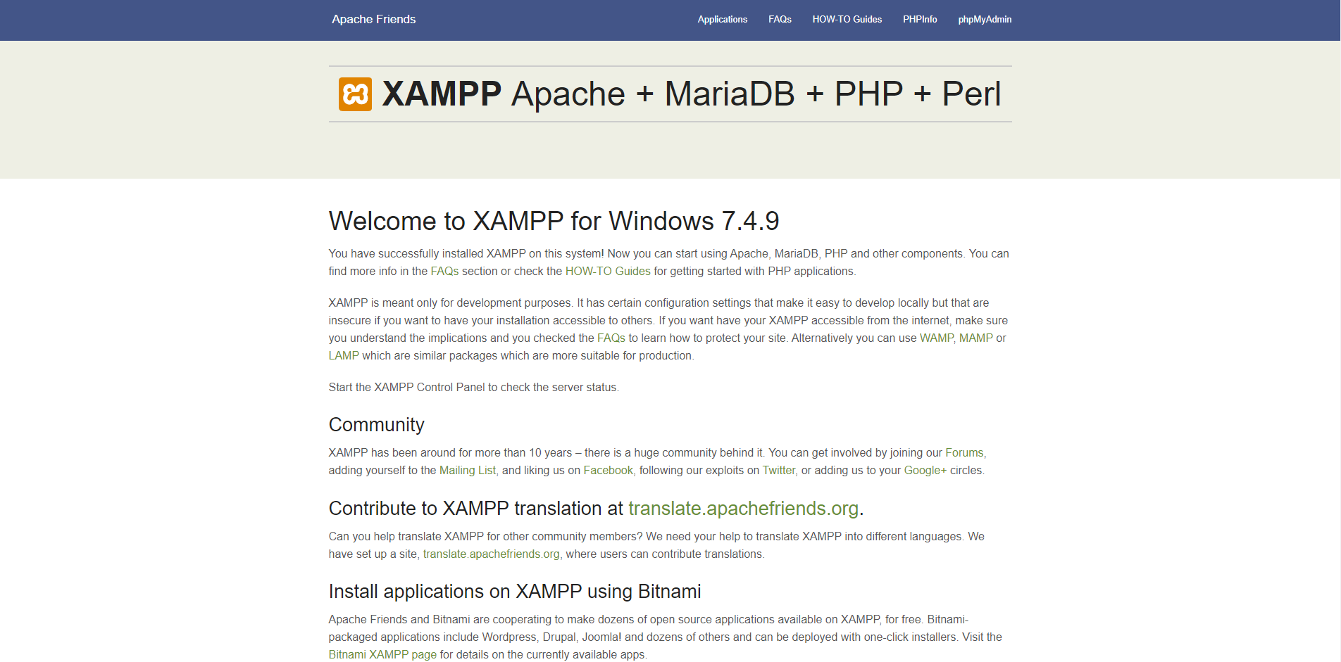 Správne nainštalovaný XAMPP server ukazuje základnú stránku na localhost - Jednoduchý redakčný systém v Nette