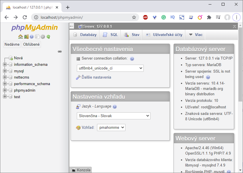 Úvodná stránka PhpMyAdmin - Jednoduchý redakčný systém v Nette