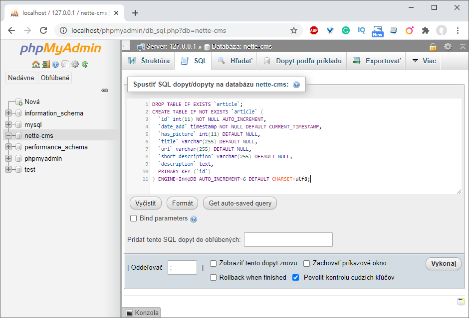 Import SQL skriptu v prostredí PhpMyAdmin - Jednoduchý redakčný systém v Nette