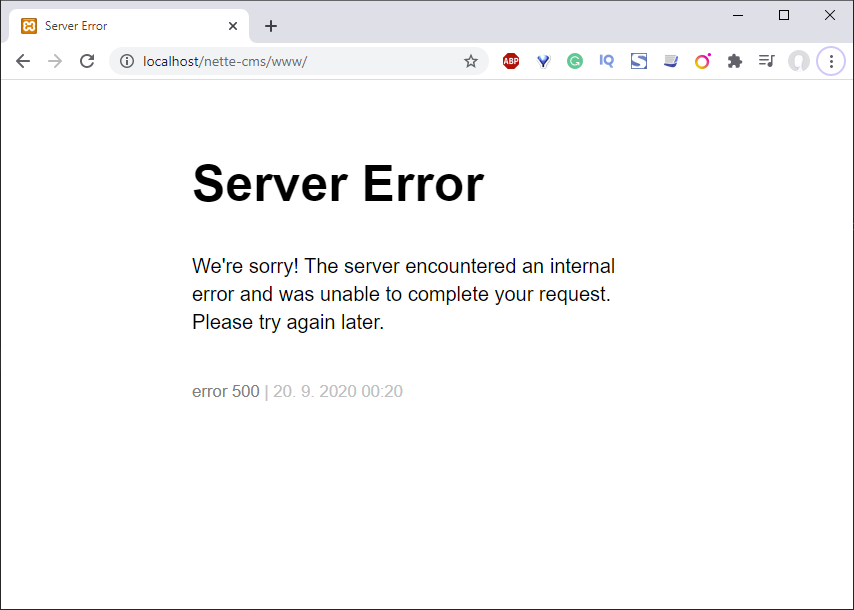 Ukážka Server Error pri výplaty Tracy - Jednoduchý redakčný systém v Nette