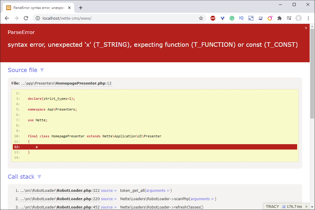 Ukážka chyby aplikácie pri zapnutom debug režime - Jednoduchý redakčný systém v Nette