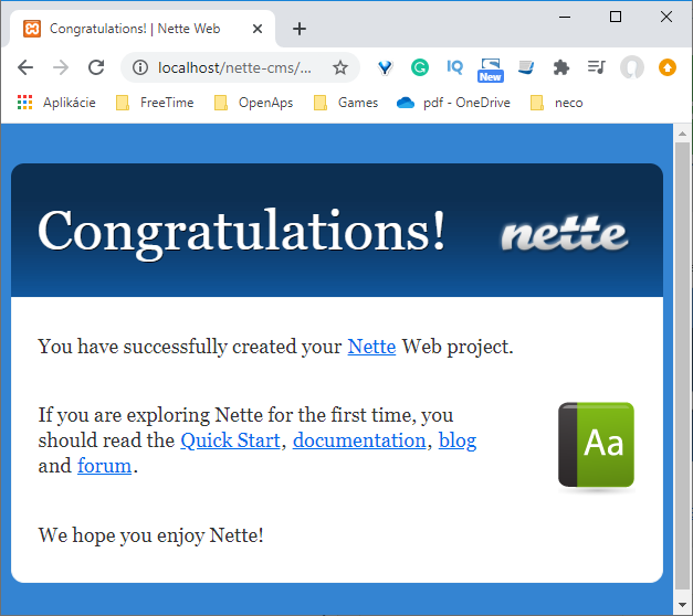 Úspešná inštalácia Nette Frameworku - Jednoduchý redakčný systém v Nette