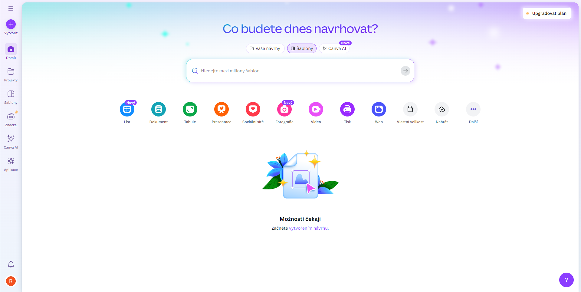 Hlavná stránka Canva - Použitie AI v aplikáciách - Použitie AI v aplikáciách