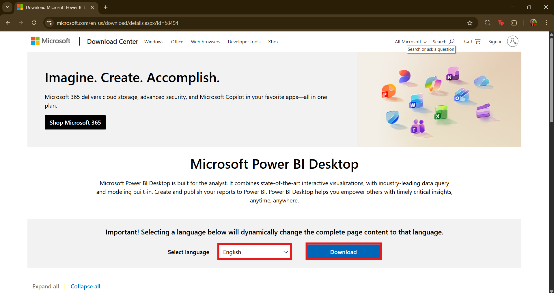 Stránka na stiahnutie Power BI - Dátová analýza s Power BI