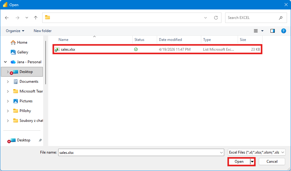 Výber excelového súboru na import - Dátová analýza s Power BI
