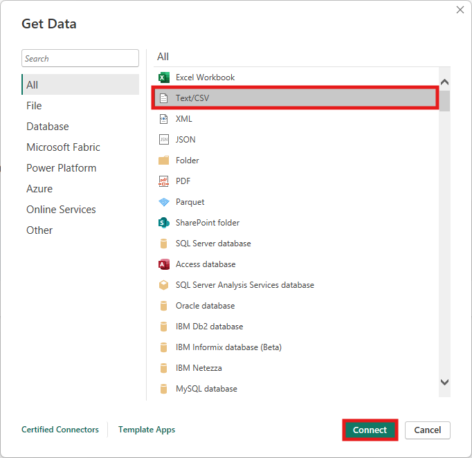 Výber dátového zdroja CSV - Dátová analýza s Power BI