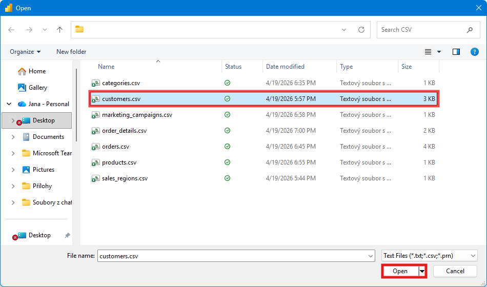 Výber CSV súboru - Dátová analýza s Power BI
