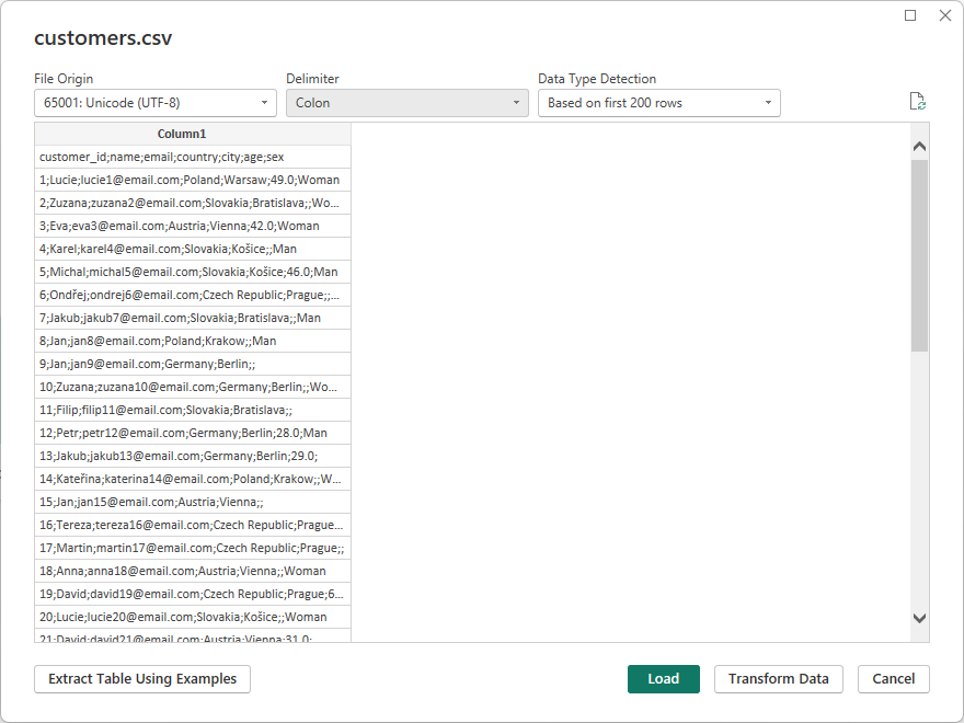 Použitie nesprávneho oddeľovača CSV súboru - Dátová analýza s Power BI