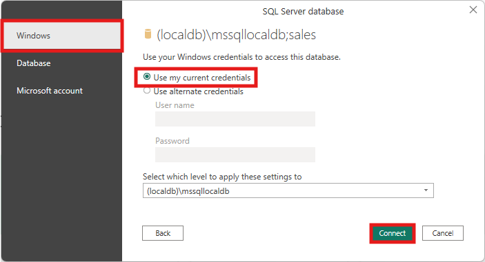 Nastavenie prihlásenia k SQL serveru - Dátová analýza s Power BI