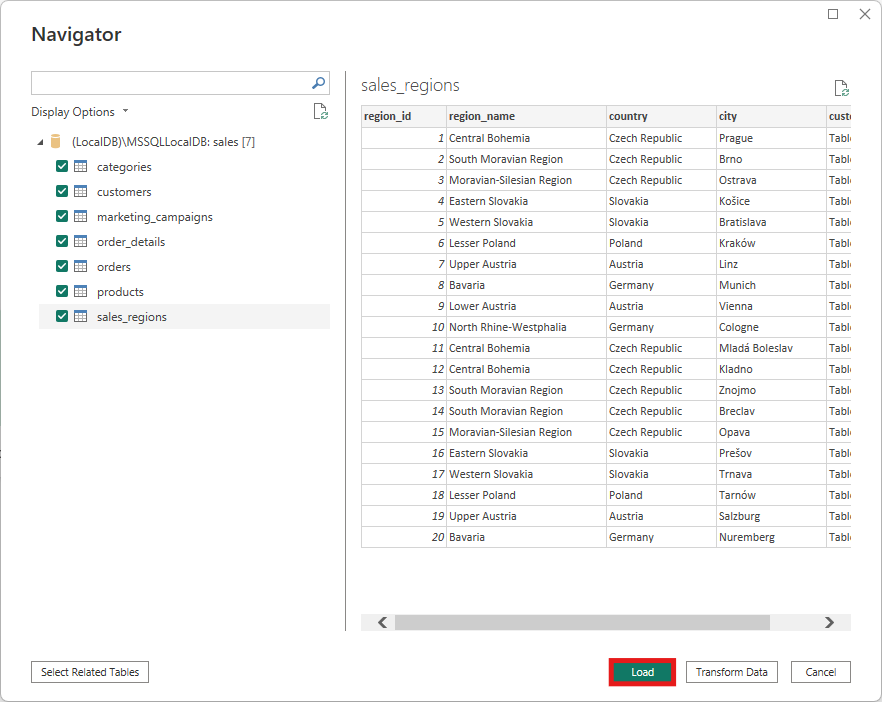Výber SQL tabuliek - Dátová analýza s Power BI
