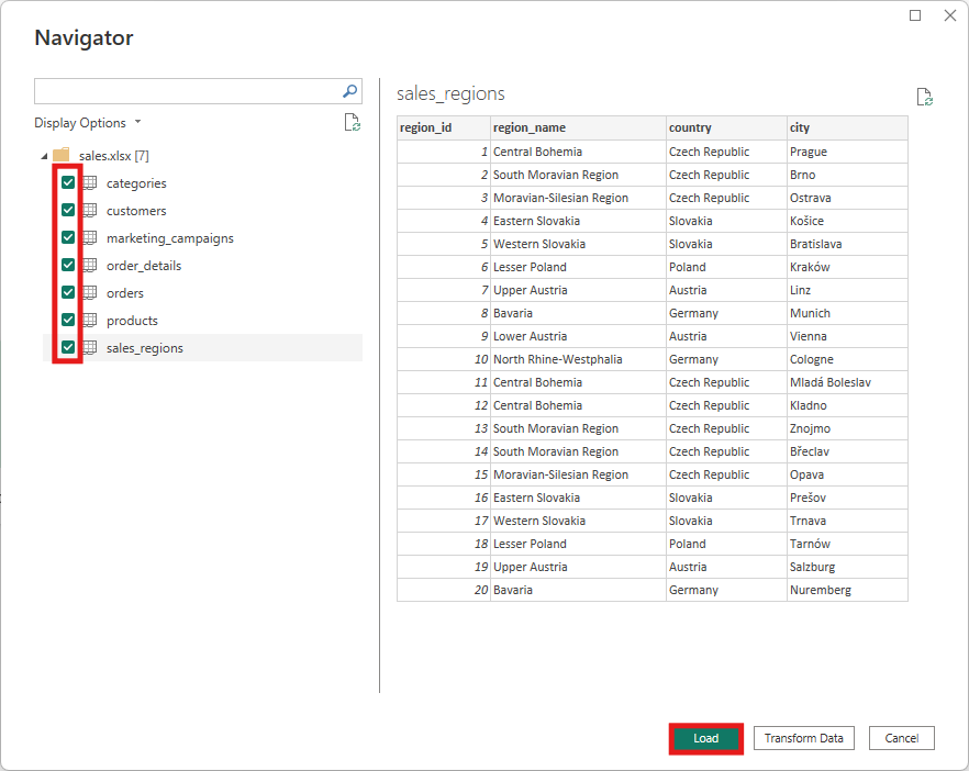 Výber jednotlivých excelových tabuliek - Dátová analýza s Power BI