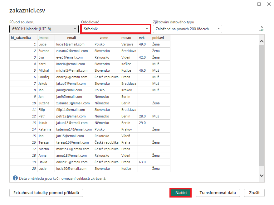 Výber oddeľovača CSV súboru - Dátová analýza s Power BI - Dátová analýza s Power BI