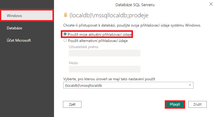 Nastavenie prihlásenia k SQL serveru - Dátová analýza s Power BI - Dátová analýza s Power BI