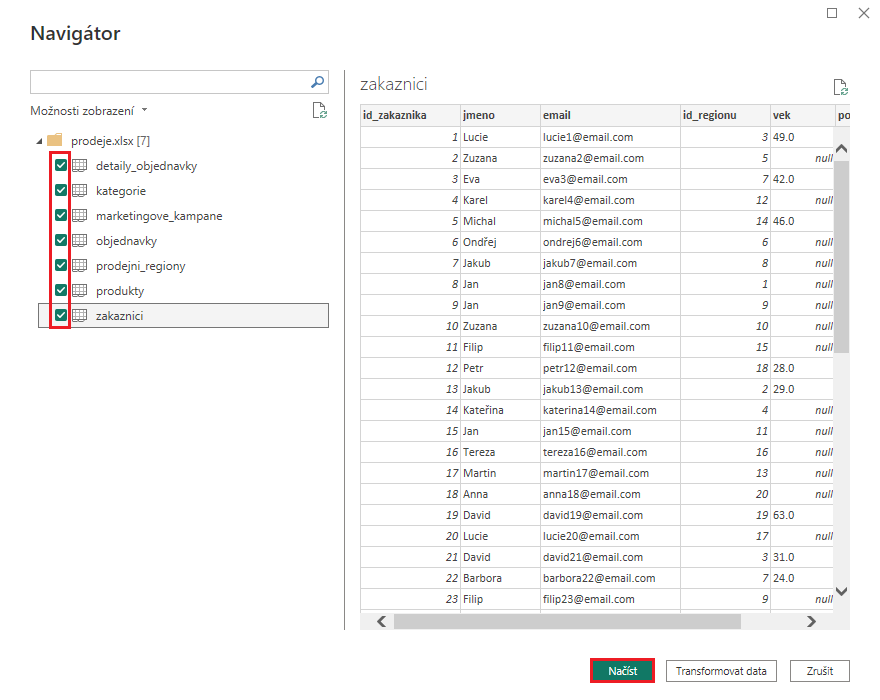 Výber jednotlivých excelových tabuliek - Dátová analýza s Power BI - Dátová analýza s Power BI