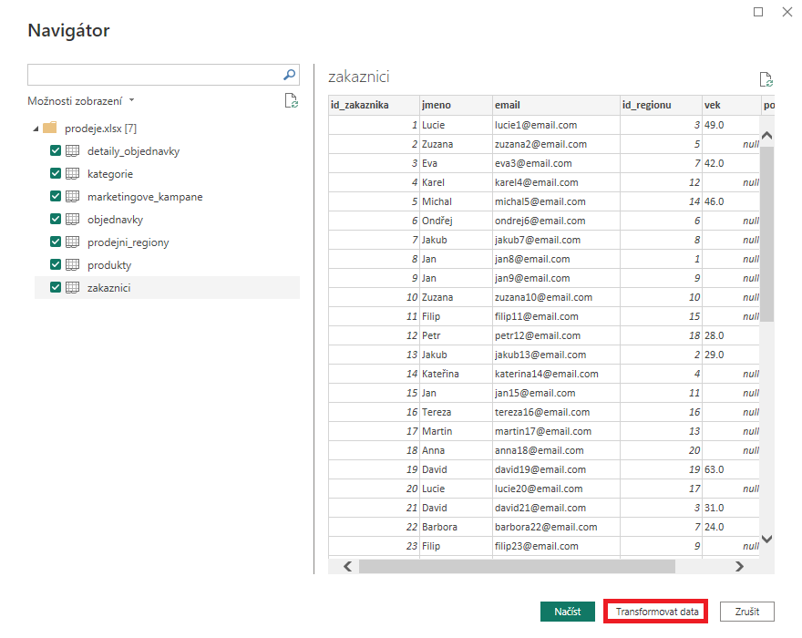 Voľba Transformovať dáta pre otvorenie Power Query - Dátová analýza s Power BI - Dátová analýza s Power BI