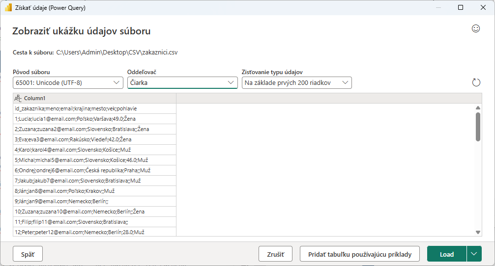 Použitie nesprávneho oddeľovača CSV súboru - Dátová analýza s Power BI