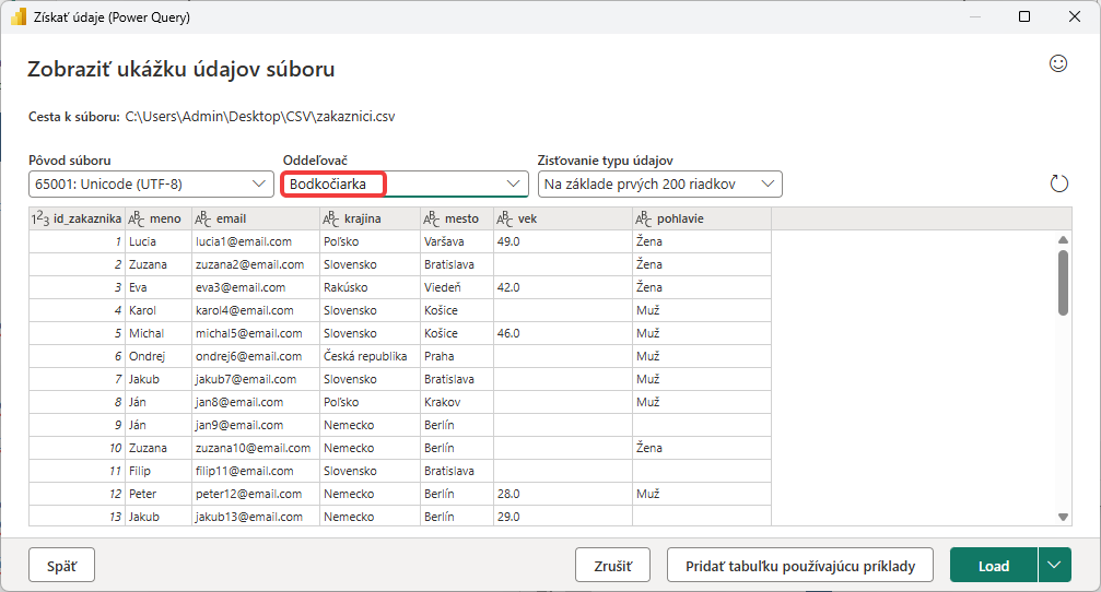 Výber oddeľovača CSV súboru - Dátová analýza s Power BI