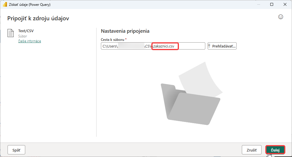 Výber CSV súboru - Dátová analýza s Power BI